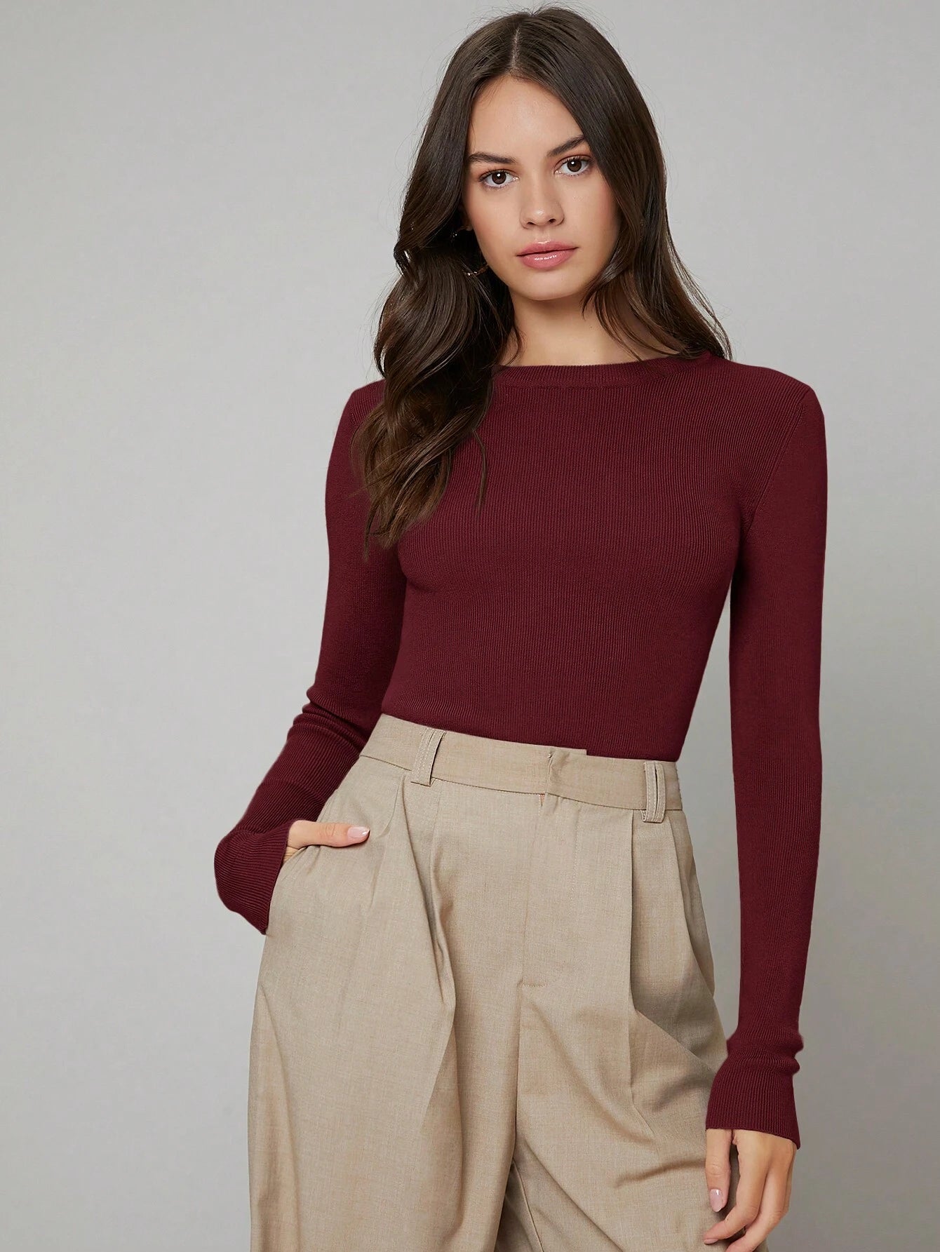 Simple Round Neck Casual Long Sleeve - Burgundy