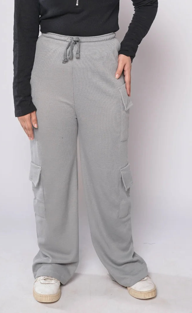D600 - Grey Wide Leg Double Pocket Cargo Trousers