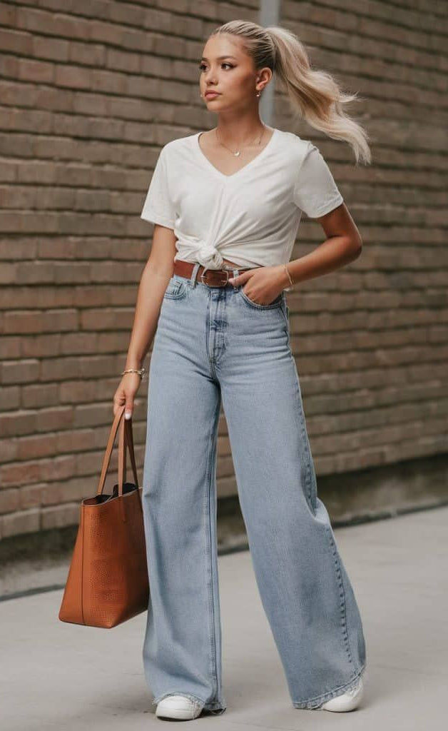 ZARA Wide-Leg Frayed Hem Jeans - Light Blue