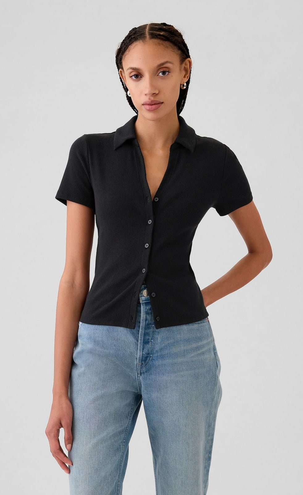Button Up Ribbed Knit Shirt - Black (Short Sleeves)